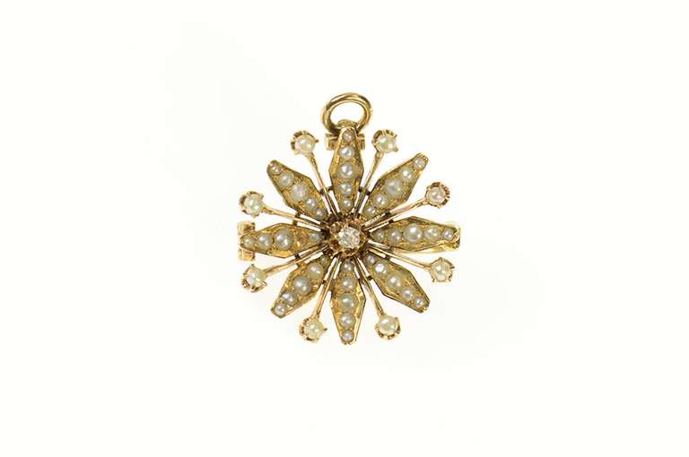 14K Yellow Gold Victorian Seed Pearl Diamond Accent Sun Pendant/Pin