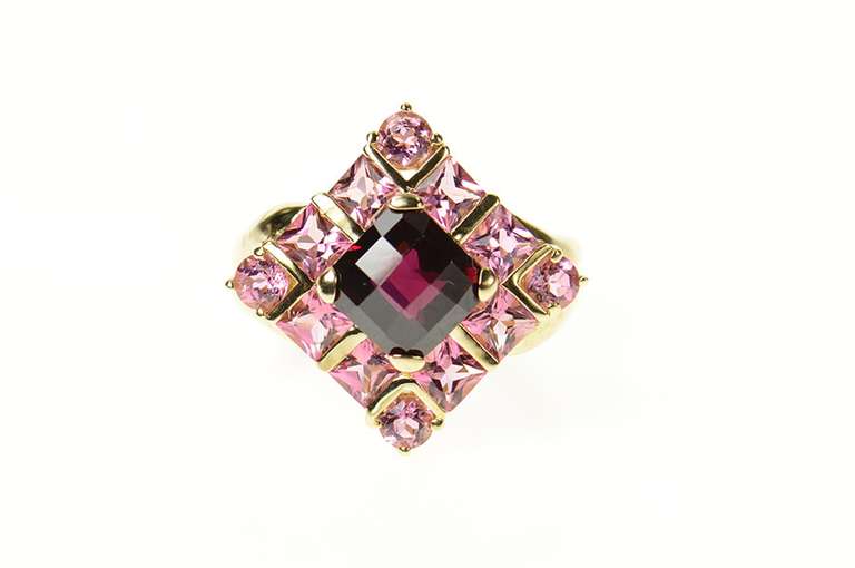 10K Yellow Gold Faceted Cushion Garnet Pink Topaz Halo Ring