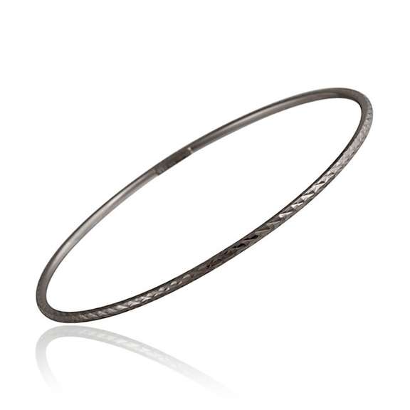 Black Rhodium Overlay Sterling Silver 2mm Diamond-Cut Bangle Bracelet