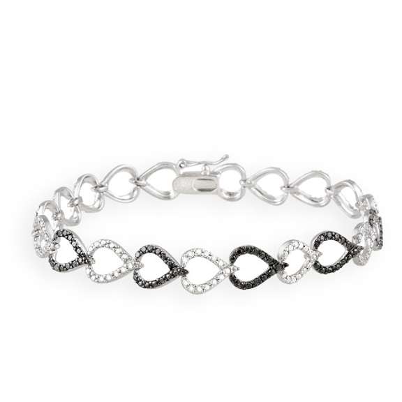 Silver Tone Black Diamond Accent Open Heart Link Bracelet