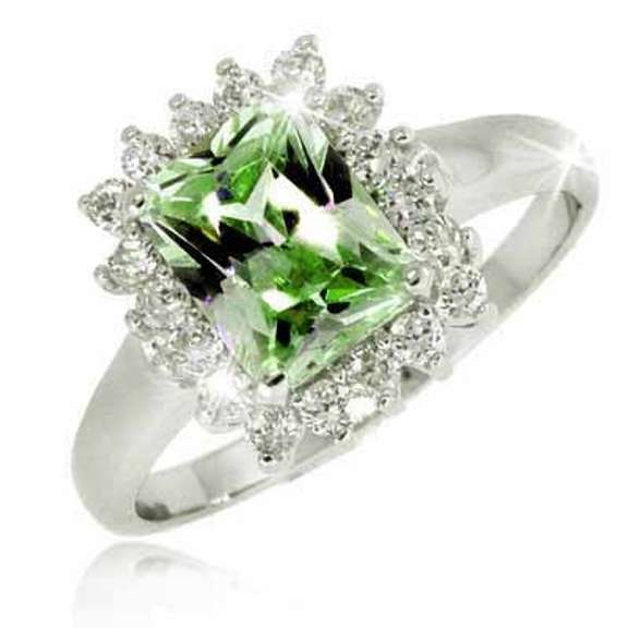Sterling Silver Olive Green CZ & Clear CZ Ring