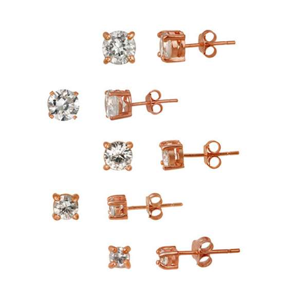 18K Rose Gold over Sterling Silver 5-Pair Round CZ Stud Earrings Set