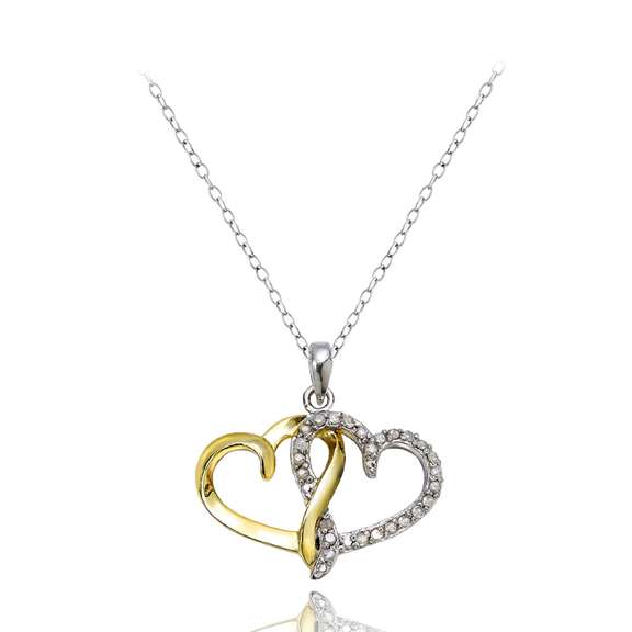 18K Gold over Silver 1/4ct Diamond Two-Tone Double Heart Necklace