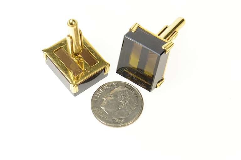 14K Yellow Gold 1960's Square Retro Smoky Quartz Cube Cuff Links