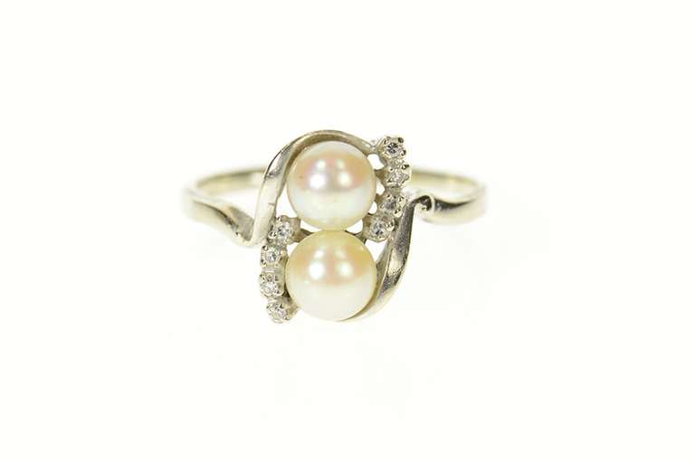 14K White Gold Diamond Two Pearl Ornate Classic Bypass Ring