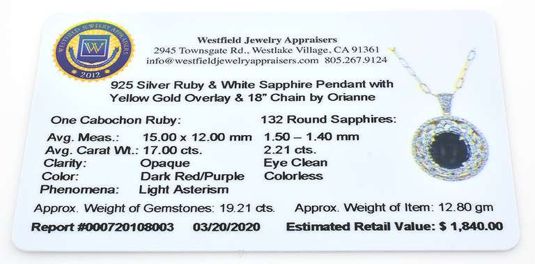 Ravishing Massive 17.00CTS Cabochon Star Ruby & White Sapphire Statement Necklace in Vermeil