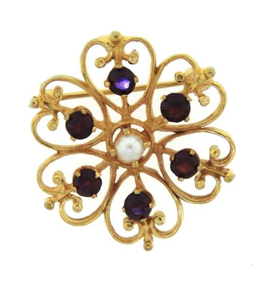 Lovely 14kt YG Floral Filigree Garnet & Pearl Brooch