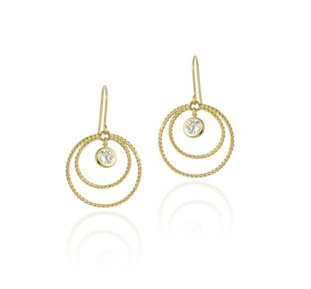 10K Gold CZ & Double Circles Dangle Earrings