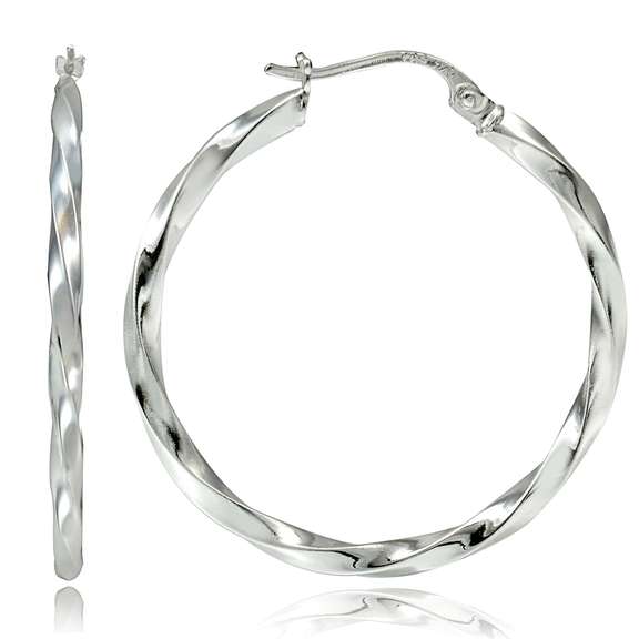 Sterling Silver 2mm Twist Round Hoop Earrings, 50mm