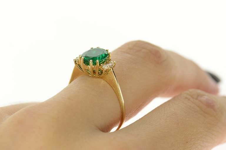 14K Yellow Gold Oval Emerald Diamond Accent Statement Ring