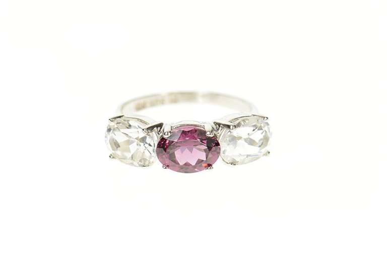 10K White Gold Three Stone Purple Tourmaline Cubic Zirconia Ring