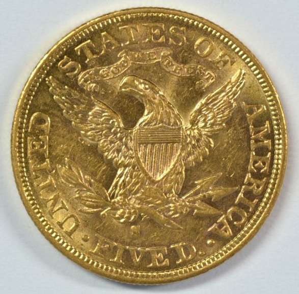 Scarce Mint State 1892-S US $5 Liberty Gold Piece