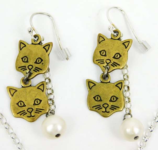 Sterling & Pearls Cat Necklace & Earrings