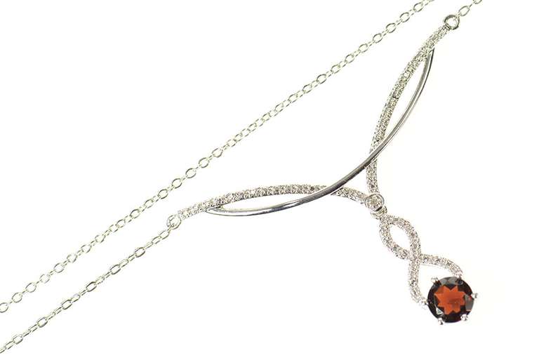 10K White Gold Garnet Diamond Accent Ornate Twist Drop Necklace