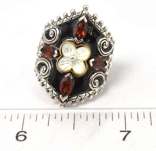 Ornate Garnet & Mother-Of-Pearl Ring in Sterling Silver