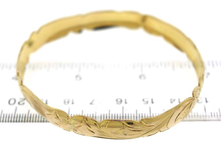 Simple Yellow Gold Engraved Plumeria Bangle