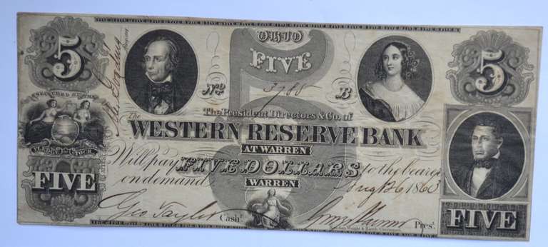 $ 5 Western Reserve Bank At Warren Ohio 1860 Note