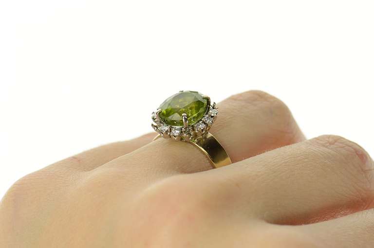 14K Yellow Gold Oval Peridot Diamond Halo Ornate Cocktail Ring