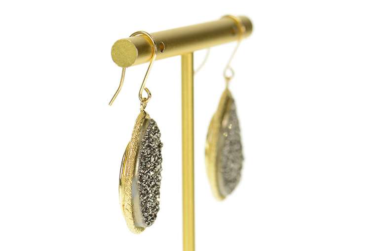 14K Yellow Gold Pear Smoky Druzy Ornate Statement Earrings