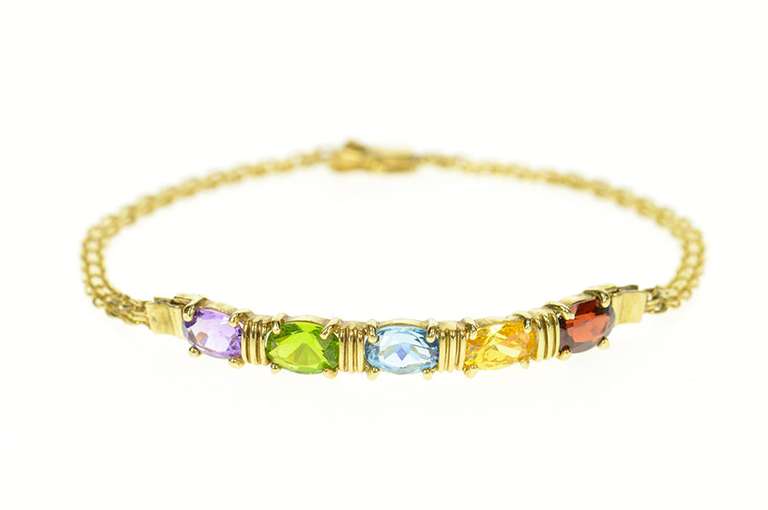 14K Yellow Gold Amethyst Garnet Blue Topaz Bar Chain Bracelet