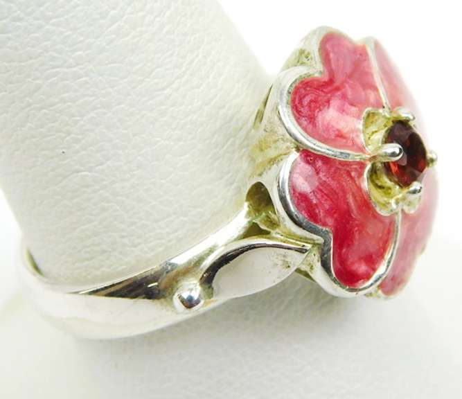 Sterling Pink Enamel & Garnet Flower Ring, 9.25