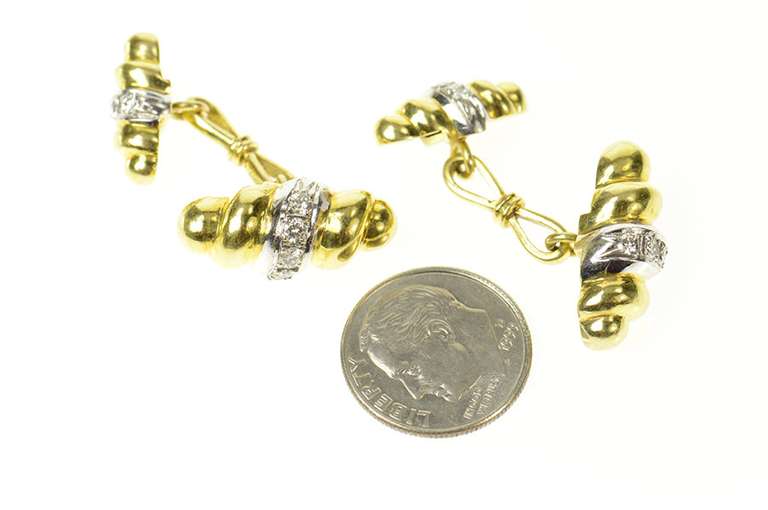 14K Yellow Gold 1960's Diamond Ornate Scalloped Twist Cuff Links