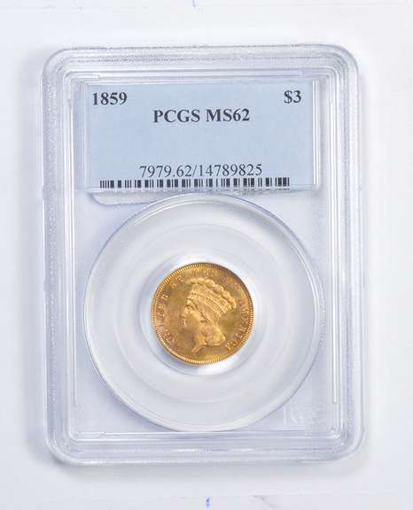 MS62 1859 $3 Indian Princess Head Gold 3 Dollar Piece - Graded PCGS