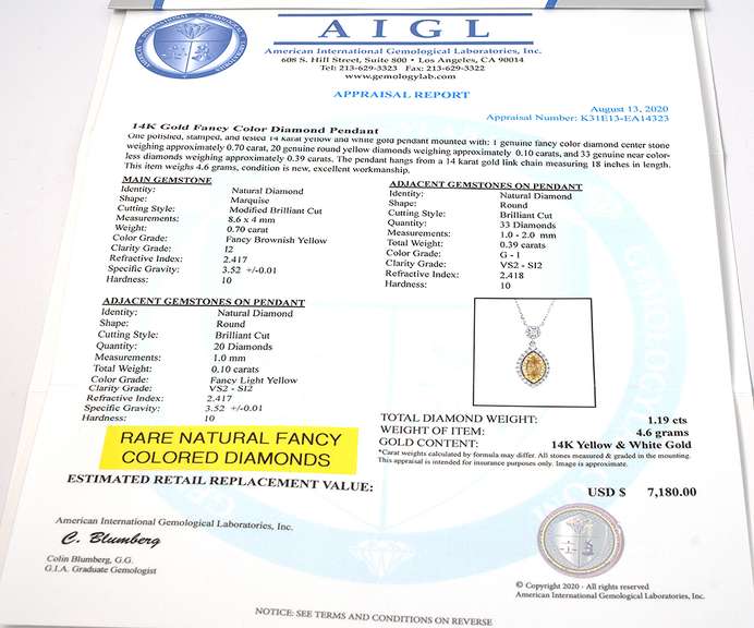 Fancy Colored Diamond Pendant, 14KT