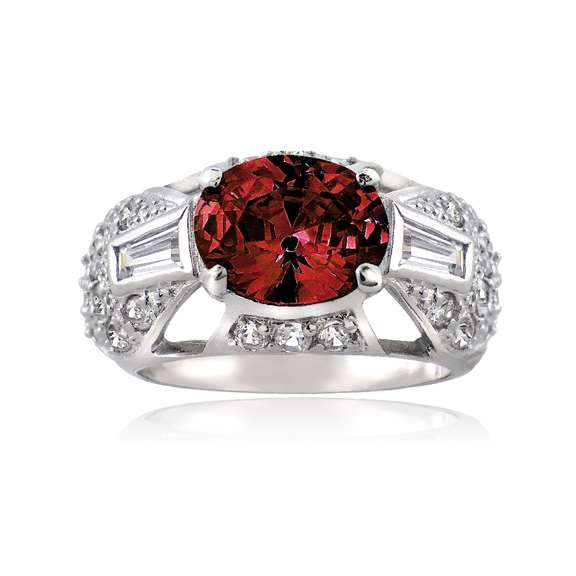 Sterling Silver Red and Simulated Diamond CZ baguette and Pave Filigree Ring