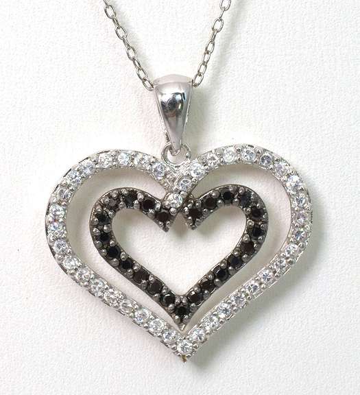 Sterling Silver White & Black Stone Heart Necklace