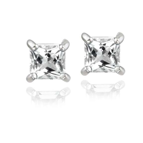 Sterling Silver .9ct White Topaz Square Stud Earrings, 4mm