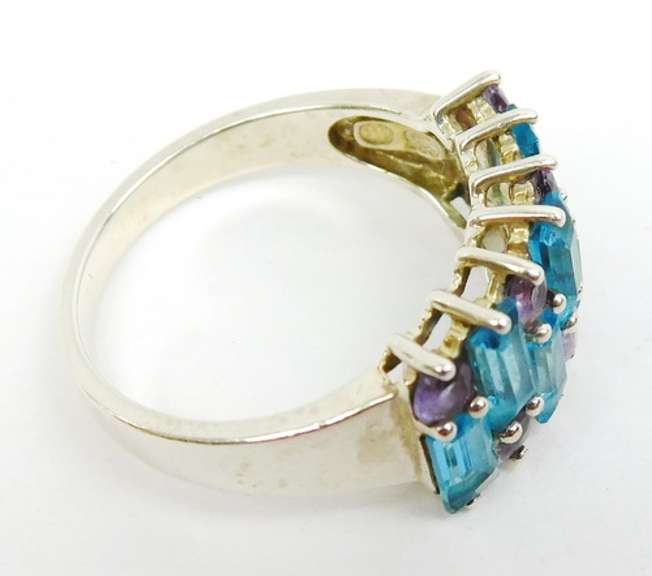 Wide Sterling Blue Topaz & Amethyst Ring, 9