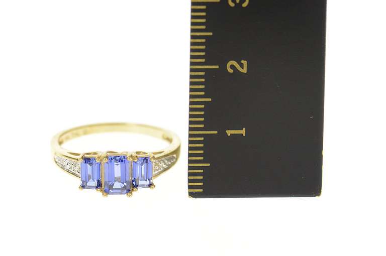 10K Yellow Gold Three Stone Syn. Sapphire Diamond Accent Ring