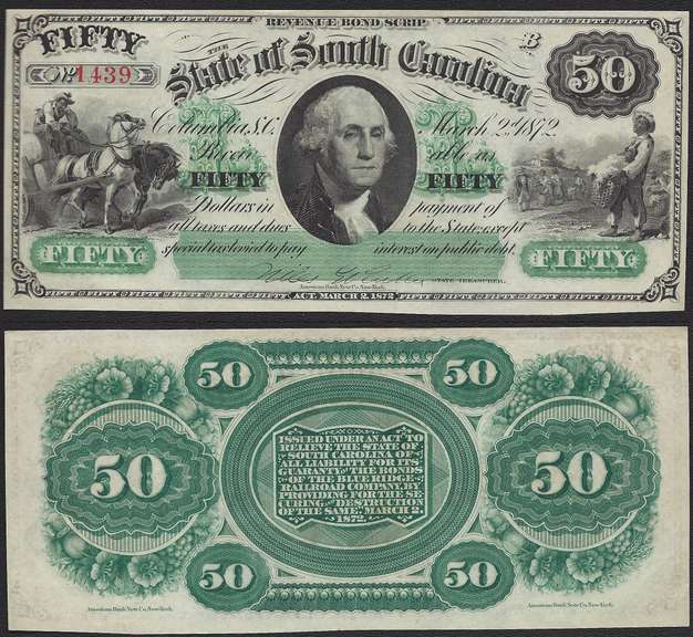 Gorgeous $50 Obsolete State of South Carolina 1872