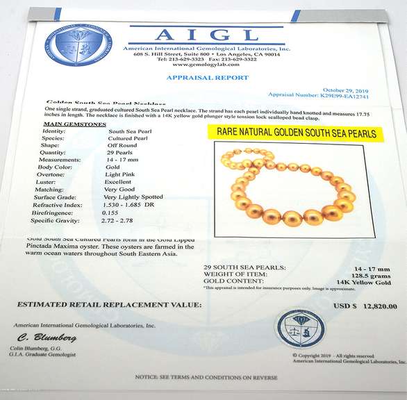 Breathtaking Golden South Sea Pearl Necklace with 14KT Yellow Gold Clasp