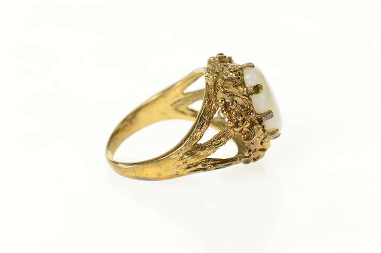 10K Yellow Gold Natural Opal Ornate Retro Floral Statement Ring