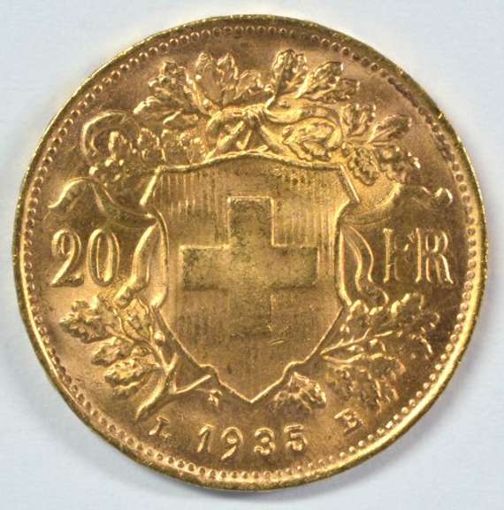 Superb Gem BU 1935-B Swiss 20 Francs Gold Piece