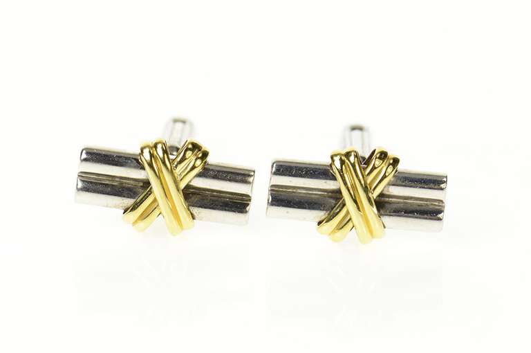 18K White Gold Two Tone Criss Cross Bar 1960's Retro Cuff Links