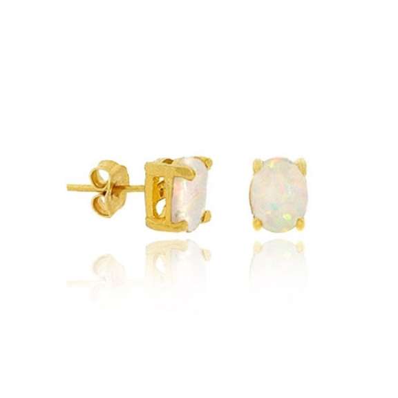 18K Gold over Sterling Silver Created White Opal 6x4mm Stud Earrings