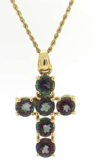 Charming 14kt YG Round Cut Amethyst and Peridot Cross Necklace