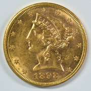 Scarce Mint State 1892-S US $5 Liberty Gold Piece
