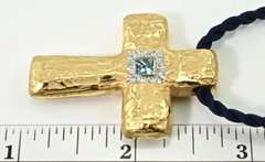 Chic 18K Textured Cross with Blue Topaz and Diamonds