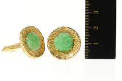 14K Yellow Gold 1960's Retro Carved Jade Flower Round Cuff Links