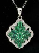 Lovely Floral Motif Cluster Natural Emerald Necklace in Sterling Silver