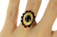 18K Yellow Gold Oval Garnet Ornate Retro Cocktail Statement Ring