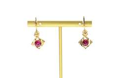 10K Yellow Gold 1940's Syn. Ruby Cherry Blossom Dangle Hook Earrings