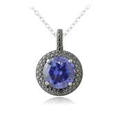 Sterling Silver 3.75ct Tanzanite CZ & Black Diamond Accent Round Necklace