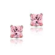 14k White Gold 4mm Princess Pink CZ Stud Earrings