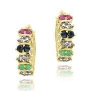 18K Gold over Sterling Silver Multi Color Gemstones & Diamond Accent Hoop Earrings