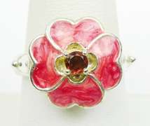 Sterling Pink Enamel & Garnet Flower Ring, 9.25